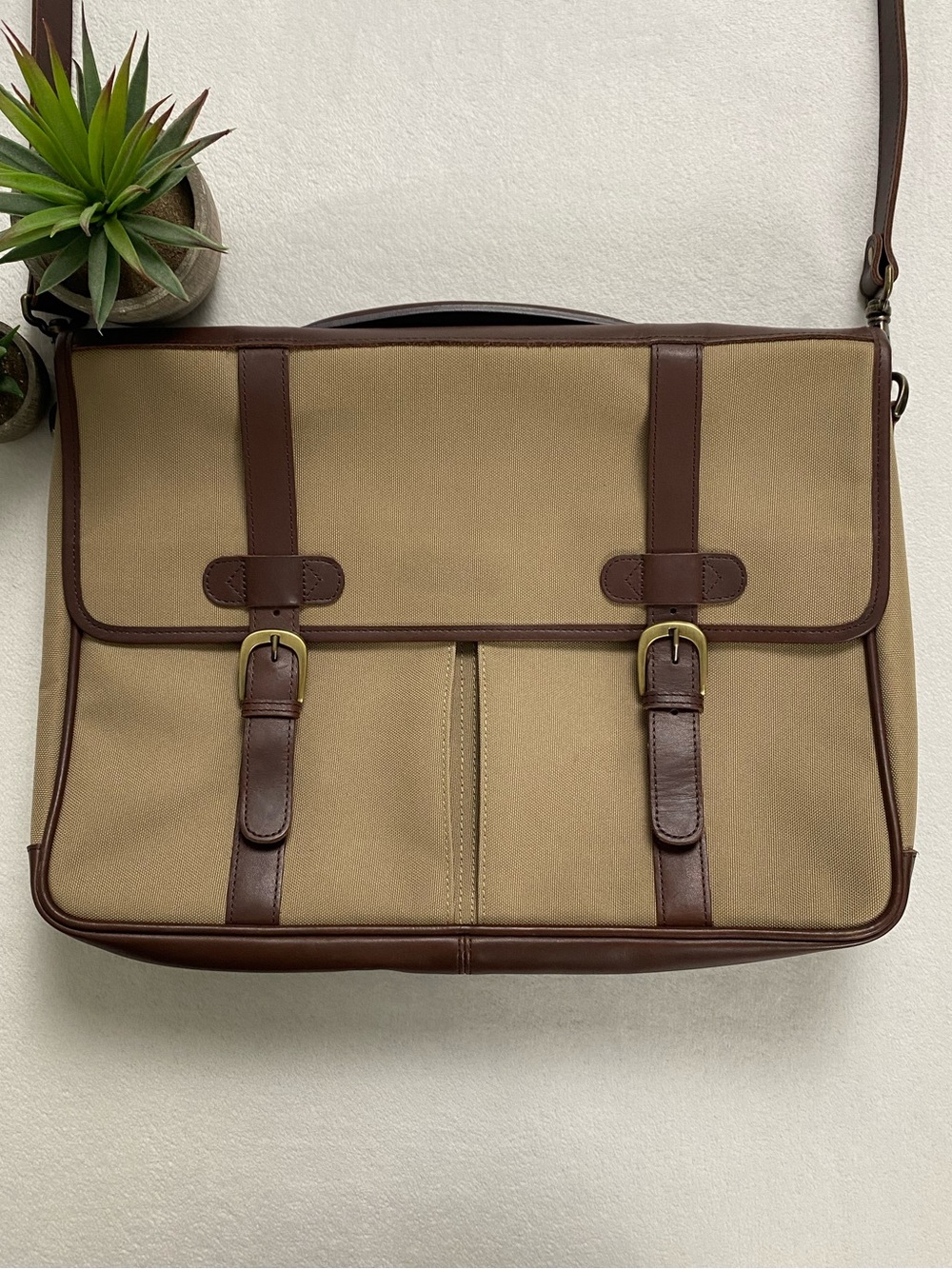 Eddie Bauer Vintage Canvas Genuine Leather Briefcase Messenger Bag | Tan/Brown